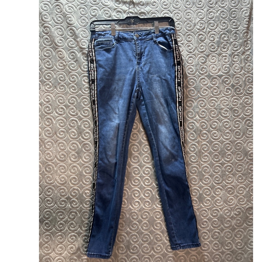 Bebe Women Blue Denim Jeans Logo Tape Side Size 28
